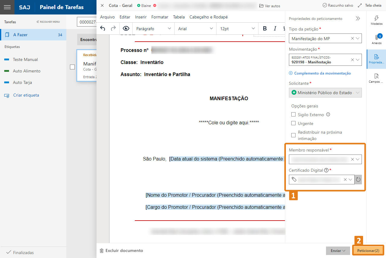 Tela do sistema SAJ com documento aberto e painel de tarefas à esquerda. À direita, destaques em laranja para os campos “Membro responsável”, “Certificado Digital” e botão “Peticionar(2)” no canto inferior.