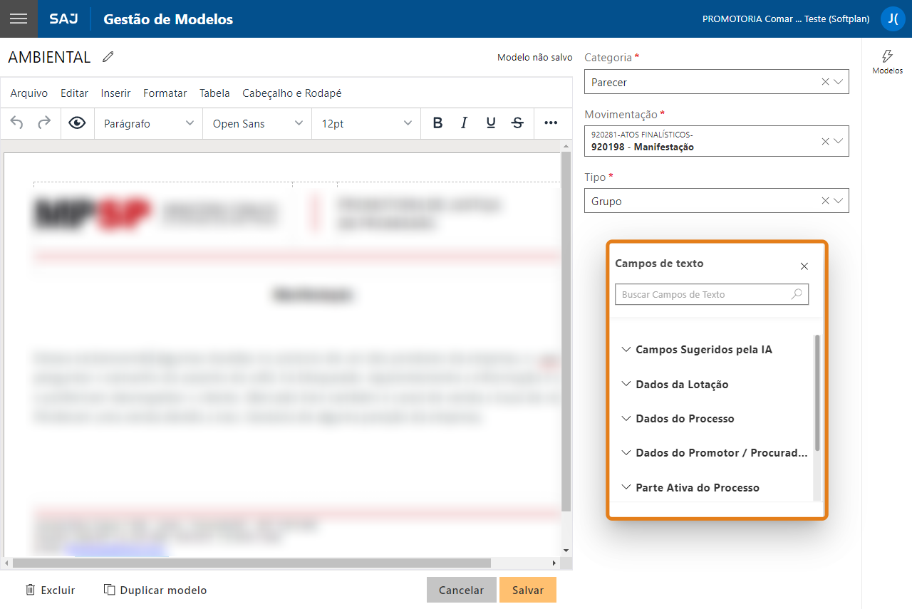 Tela do SAJ na funcionalidade Gestão de Modelos. Um destaque em laranja indica a janela Campos de texto, exibindo opções