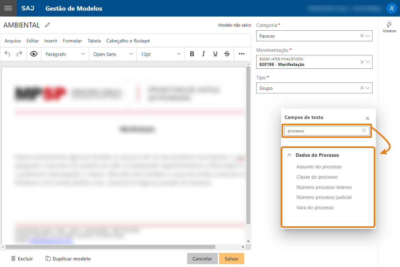 Tela do SAJ na funcionalidade Gestão de Modelos. Dois destaques em laranja: campo de busca com a palavra “processo” e lista expandida Dados do Processo, exibindo opções
