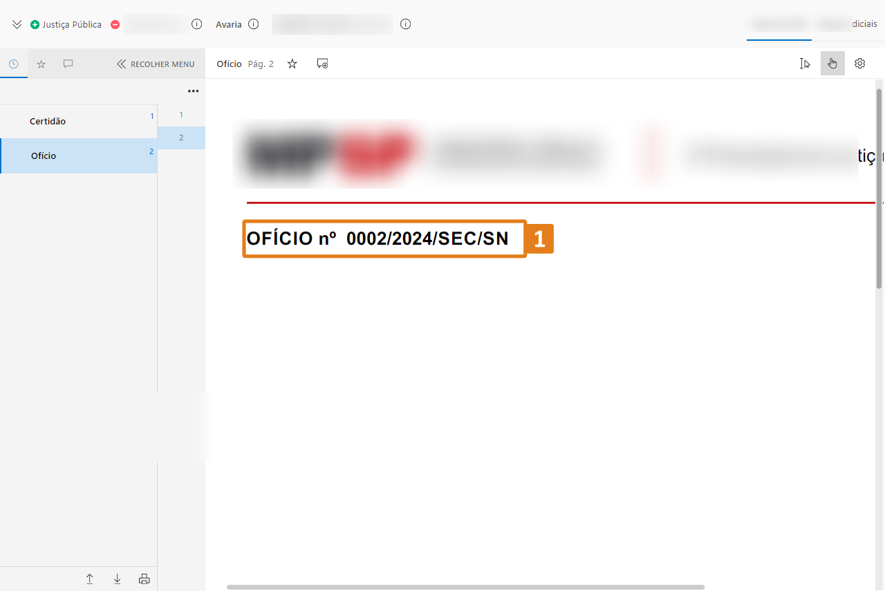 Tela do SAJ exibindo documento do tipo Ofício. Um destaque em laranja indica o número do ofício: 0002/2024/SEC/SN.