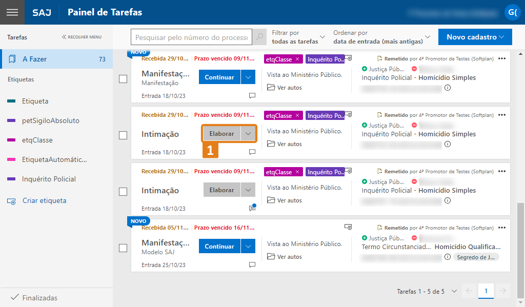 Painel de tarefas do sistema SAJ com lista de processos e botões de ação. Destaque em laranja no botão 'Elaborar', localizado na segunda linha, associado a uma intimação