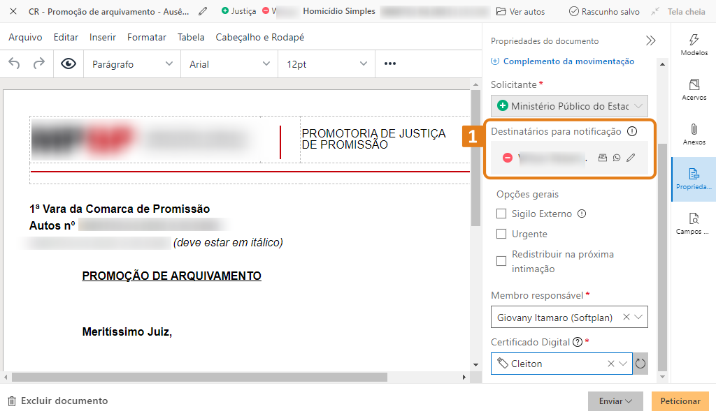 Interface do sistema SAJ para edição de documento jurídico, com barra lateral à direita exibindo propriedades. Destaque em laranja na seção 'Destinatários para notificação', com ícones para adicionar ou editar destinatários