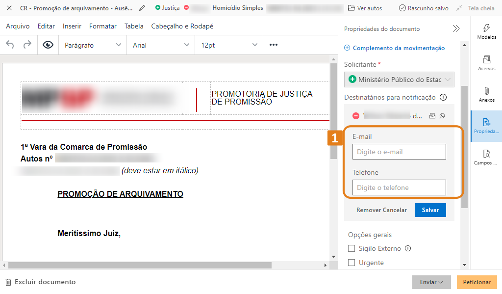 Interface do sistema SAJ para edição de documento jurídico, com painel lateral aberto. Destaques em laranja nos campos 'E-mail' e 'Telefone', ambos para preenchimento. Abaixo, botões 'Remover', 'Cancelar' e 'Salvar'