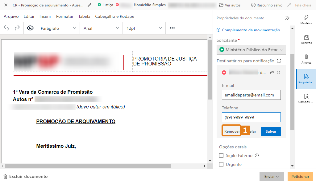 Interface do sistema SAJ para edição de documento jurídico, com painel lateral exibindo propriedades. Destaque em laranja no botão 'Remover'