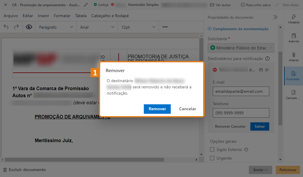 Janela de confirmação no sistema SAJ com borda laranja exibindo a mensagem sobre remoção de destinatário, informando que ele não receberá notificação. Dois botões abaixo: 'Remover' em azul e 'Cancelar' em cinza