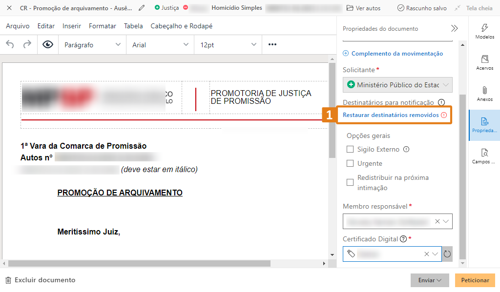 Interface do sistema SAJ para edição de documento jurídico, com barra lateral aberta exibindo propriedades. Destaque em laranja no botão 'Restaurar destinatários removidos', localizado na seção 'Destinatários para notificação'
