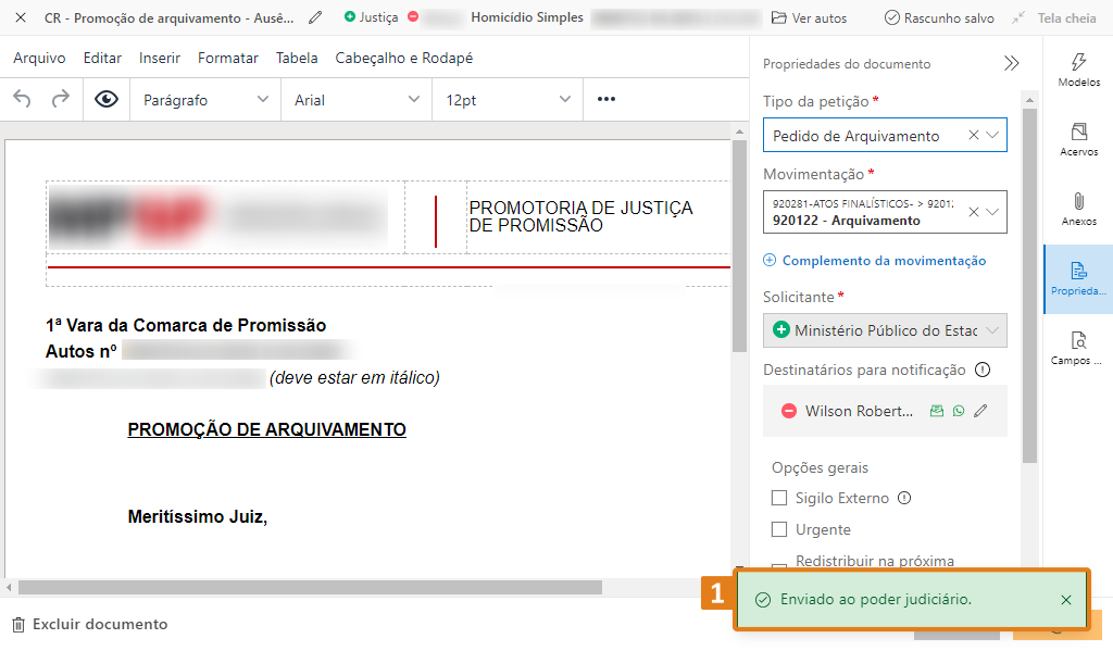 Interface do sistema SAJ para edição de documento jurídico, com barra lateral exibindo propriedades da petição. Destaque em laranja na mensagem 'Enviado ao poder judiciário', localizada na parte inferior direita da tela