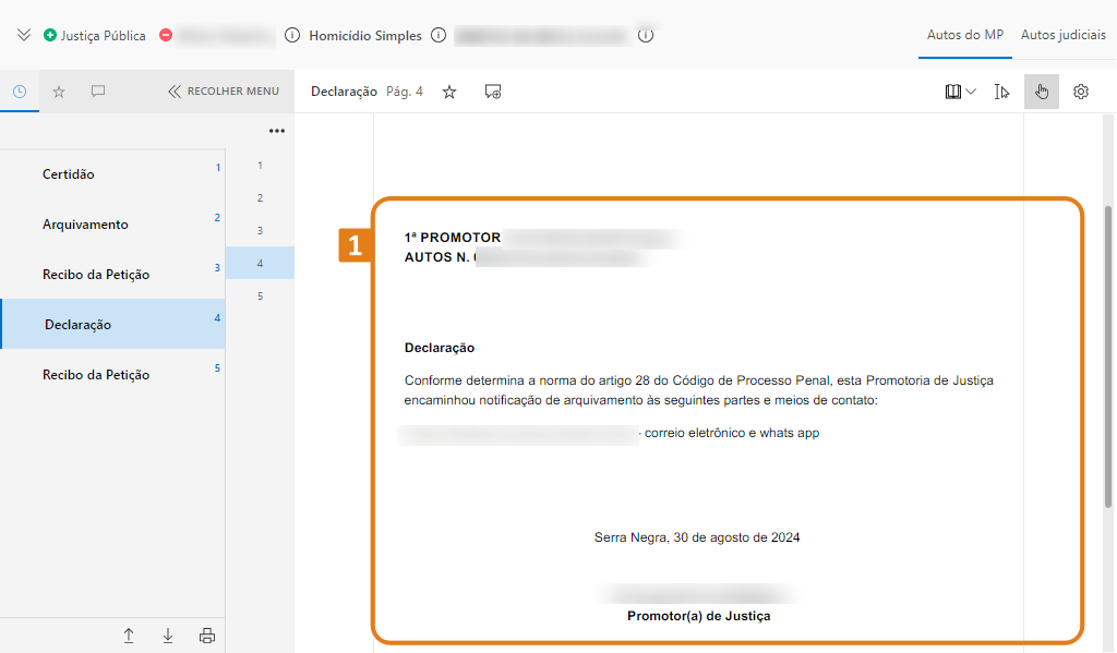 Tela do SAJ com documento 'Declaração' na página 4. Quadro em laranja destaca cabeçalho com '1º PROMOTOR', número do processo e texto sobre artigo 28 do Código de Processo Penal.