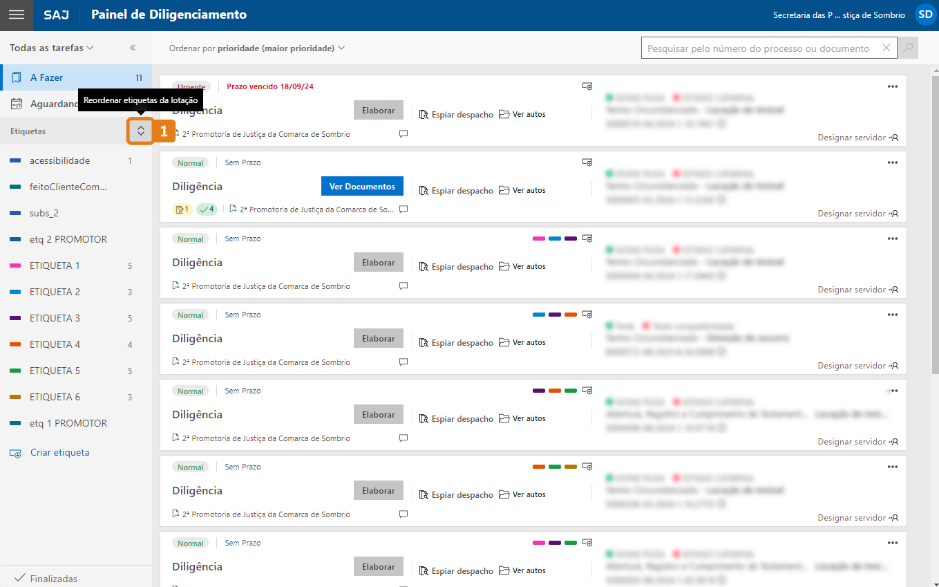 Painel de Diligenciamento com destaque no botão reordenar etiquetas da lotação