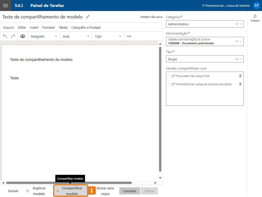 Tela Editor de documentos com destaque no botão Compartilhar modelo