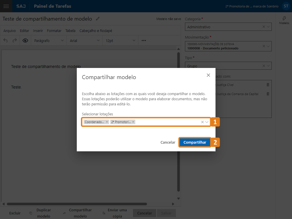 Tela Compartilhar modelo com destaques no campo Selecionar lotações e botão Compartilhar