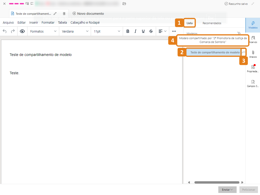 Tela Editor de Documentos com destaques na aba Lista, modelo de documento, ícone de seta e nome de quem compartilhou o documento