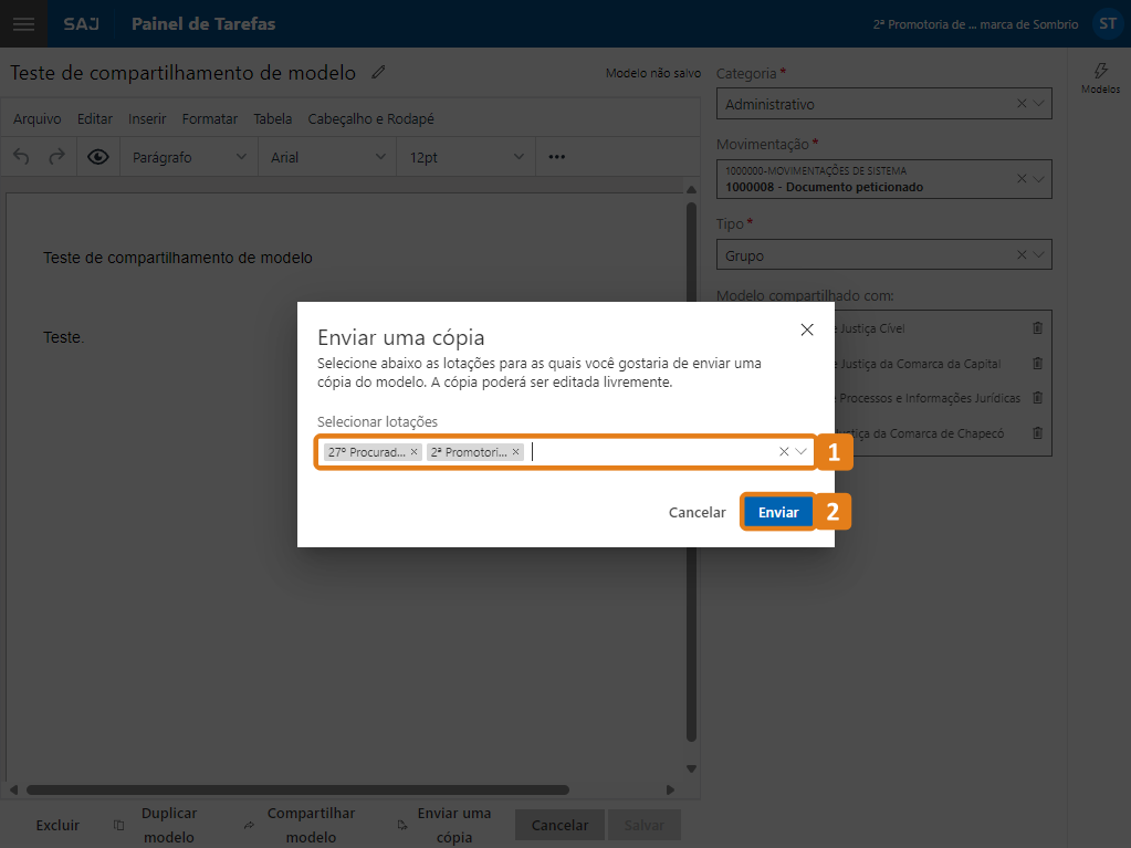 Tela Enviar uma cópia com destaques no campo Selecionar lotações e botão Enviar