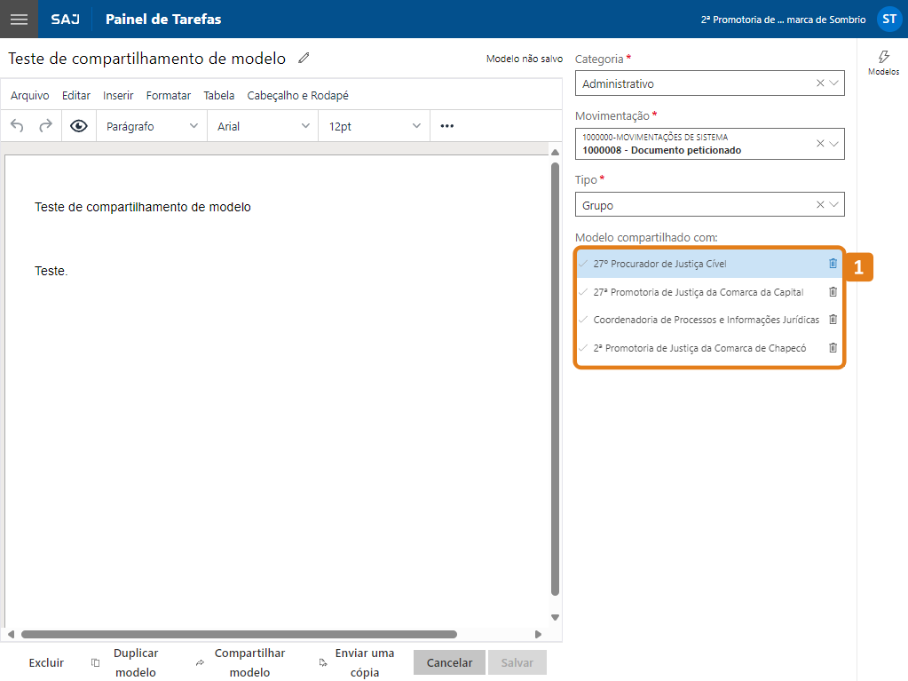 Tela Editor de Documentos com destaque no campo Modelo compartilhado com