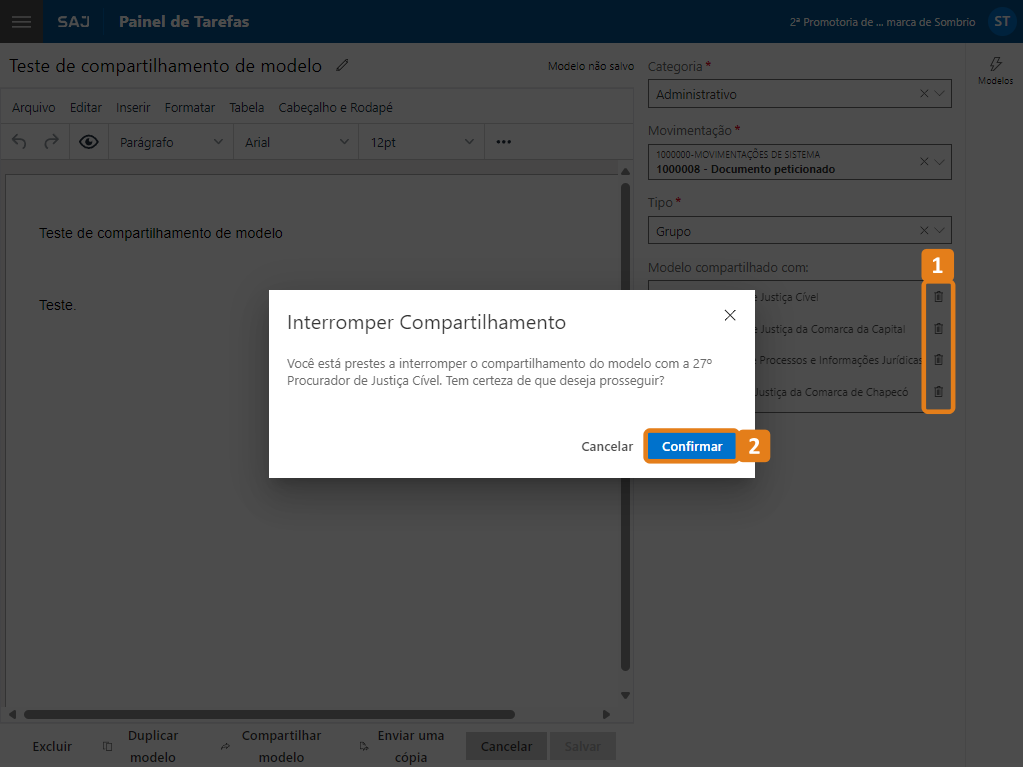 Tela Interromper compartilhamento com destaque no botão Confirmar
