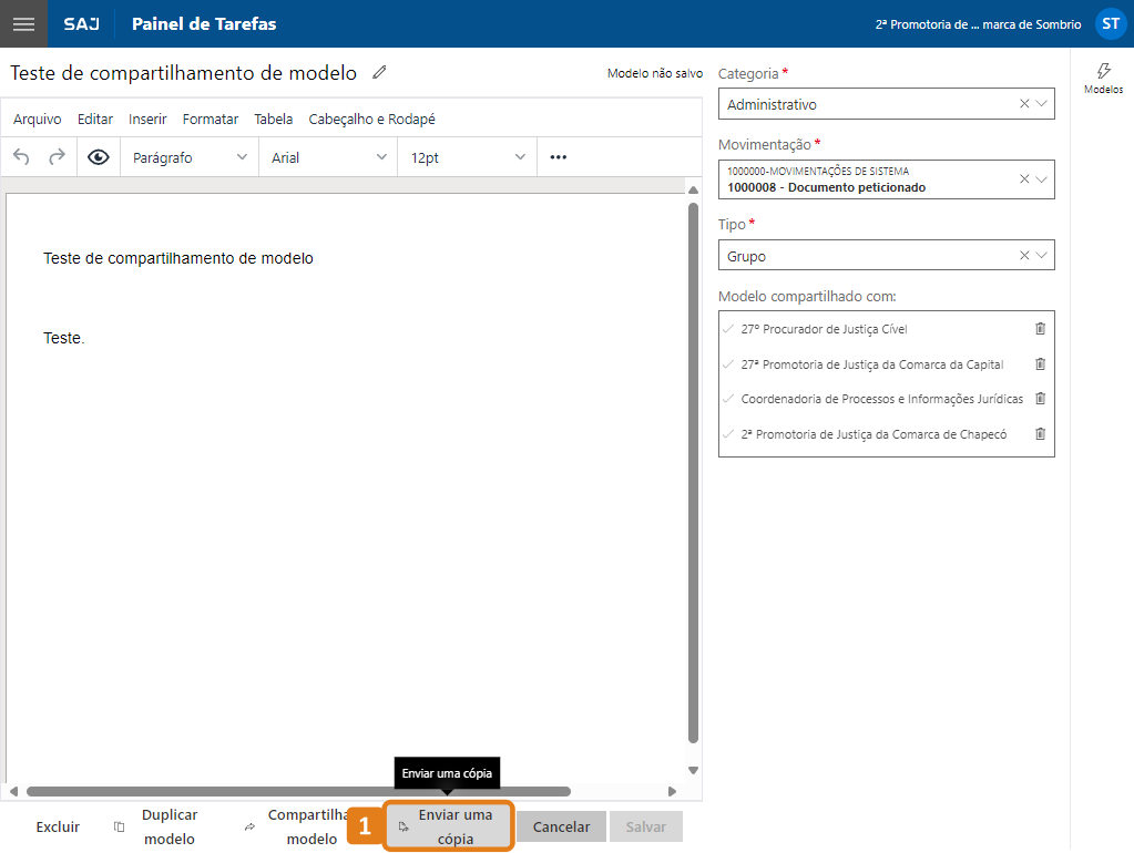 Tela Editor de Documentos com destaque no botão Enviar uma cópia