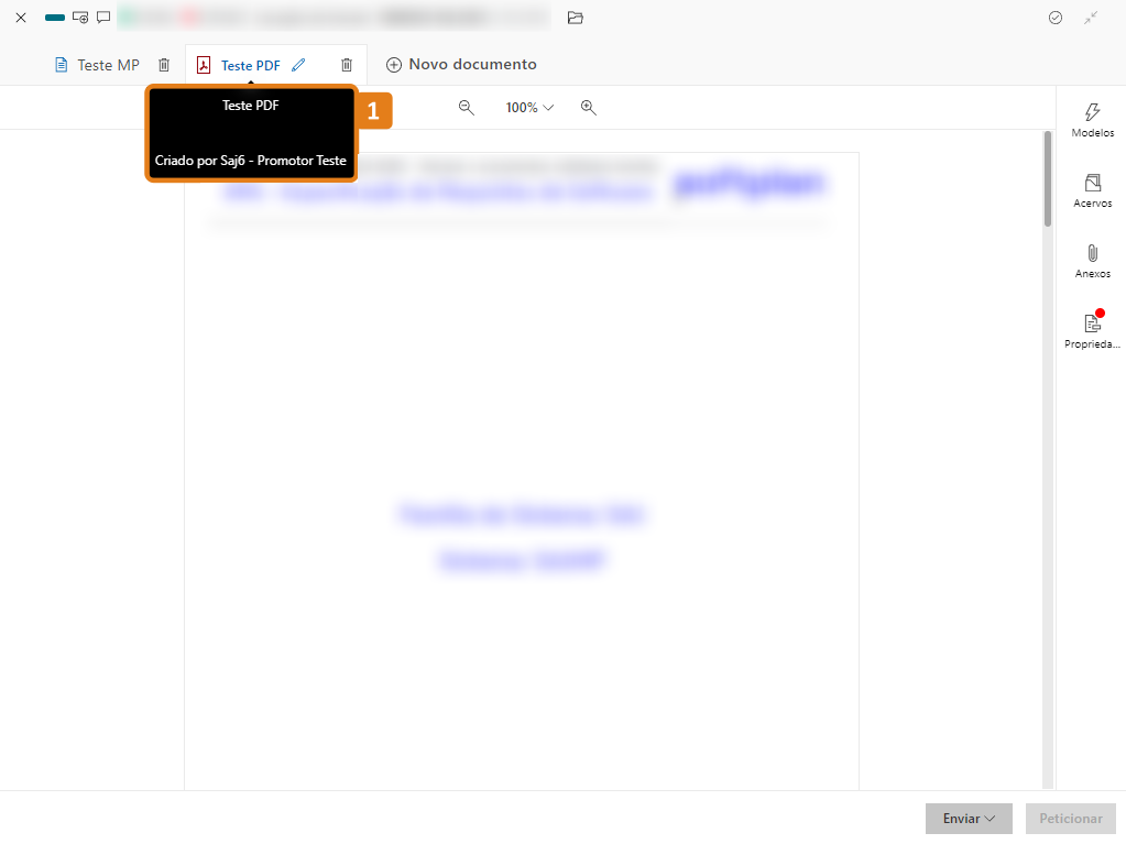 Tela Editor de documentos com destaque no nome do usuário que fez upload do documento