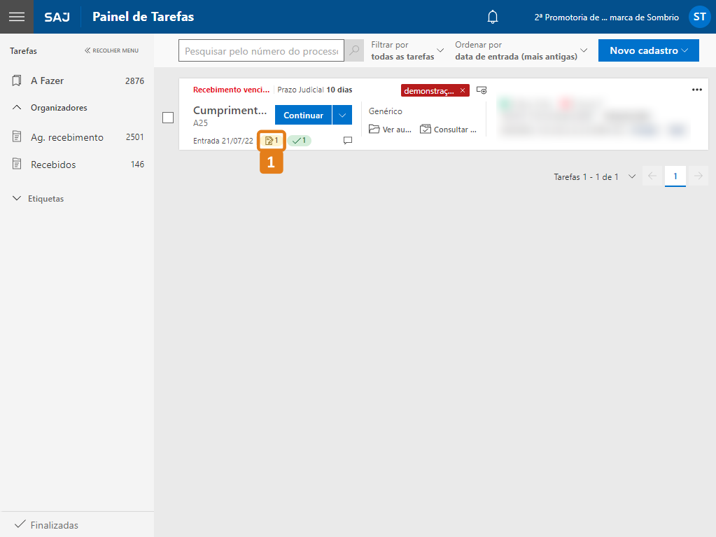 Painel de Tarefas com destaque no botão com ícone de folha e lápis