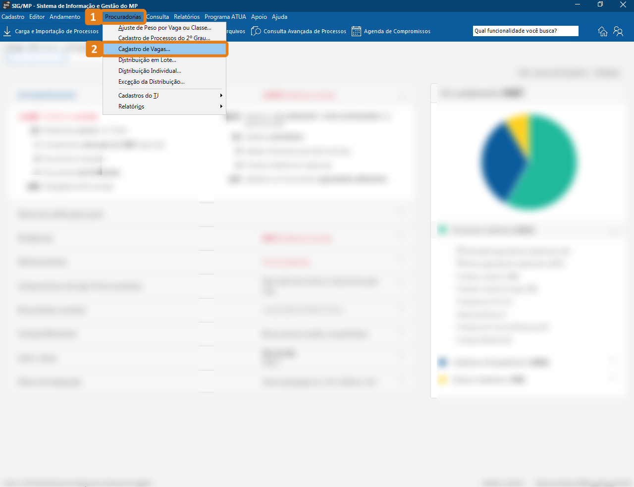 Tela inicial do SAJ MP com destaque no menu Procuradorias, submenu Cadastro de Vagas