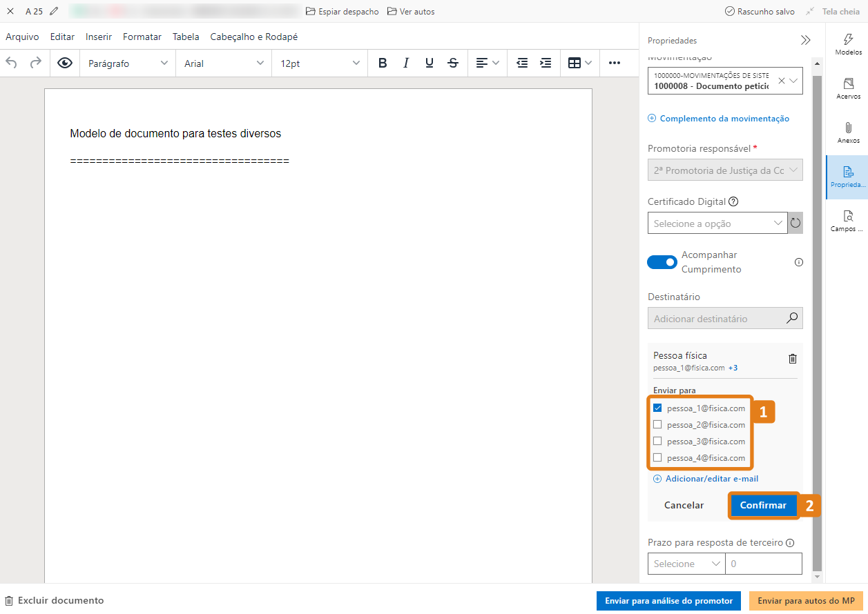 Editor de documentos com destaques nos múltiplos e-mails do contato e botão Confirmar