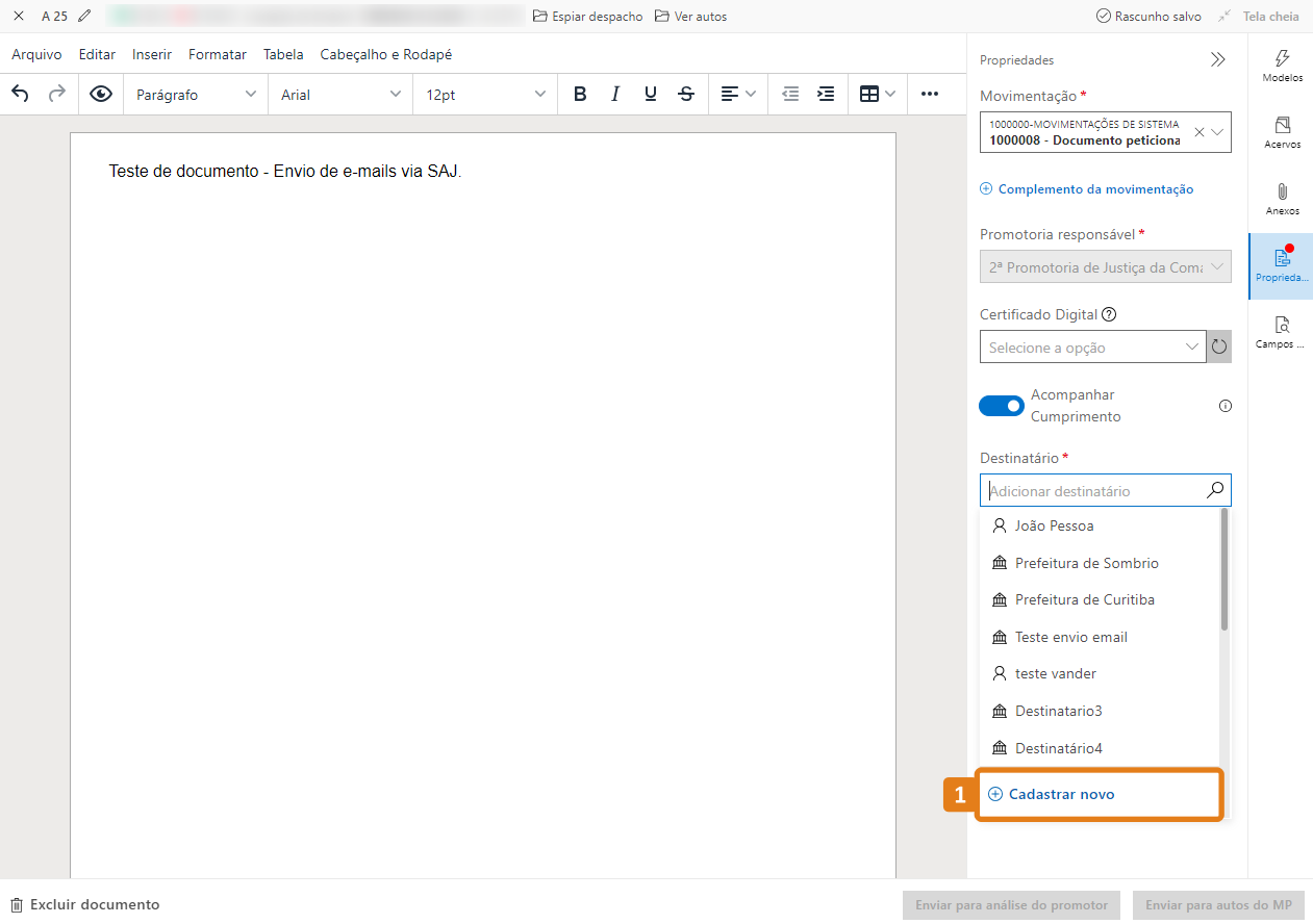 Editor de documentos com destaque na opção Cadastrar novo