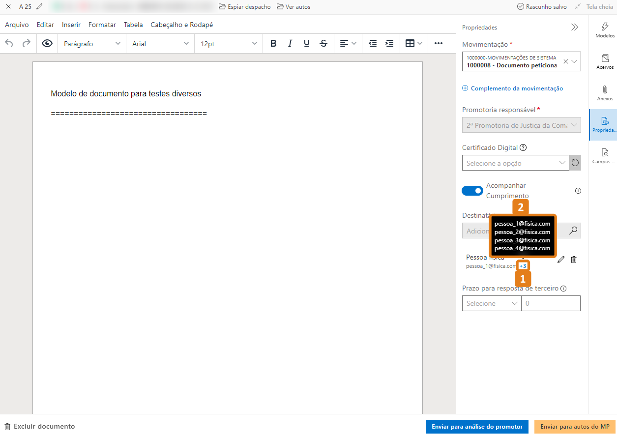 Editor de documentos com destaque nos outros e-mails do destinatário