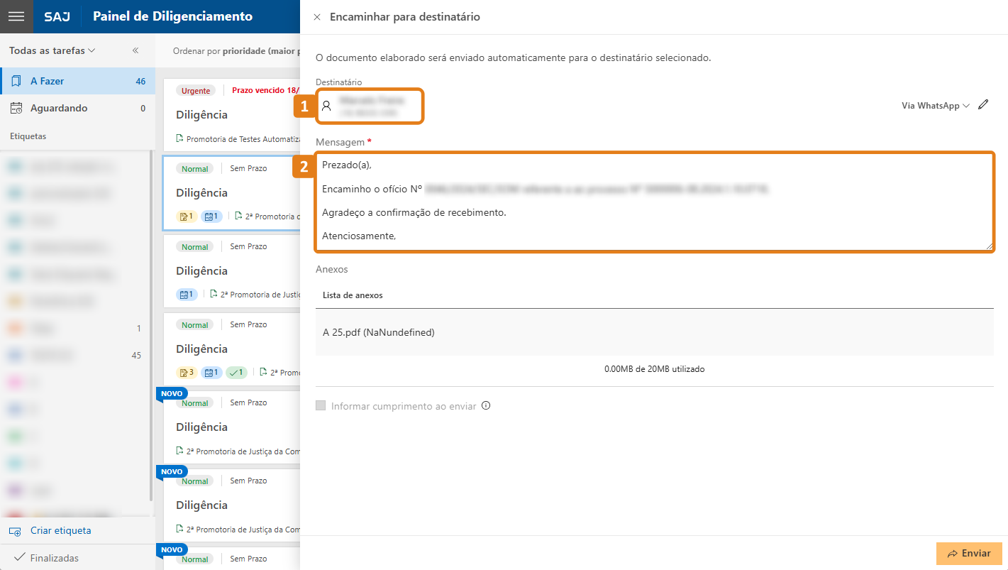 Aba Encaminhar para destinatário com destaques no Destinatário e campo Mensagem