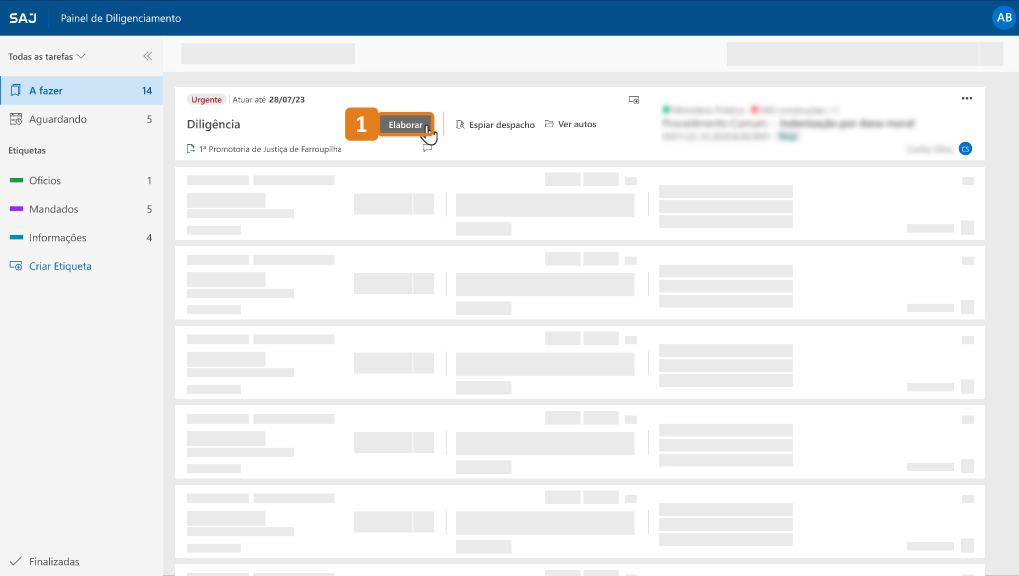 Painel de Diligenciamento com destaque no botão Elaborar de uma tarefa