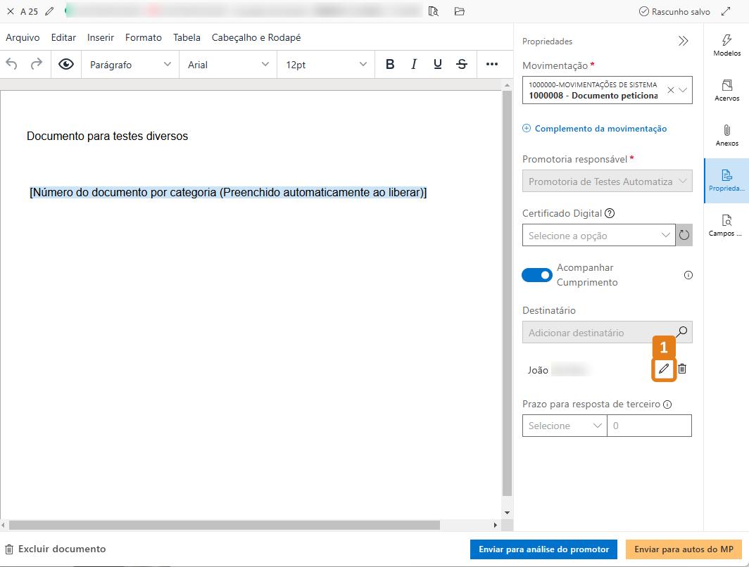 Editor de documentos com destaque no botão com ícone de lápis do contato