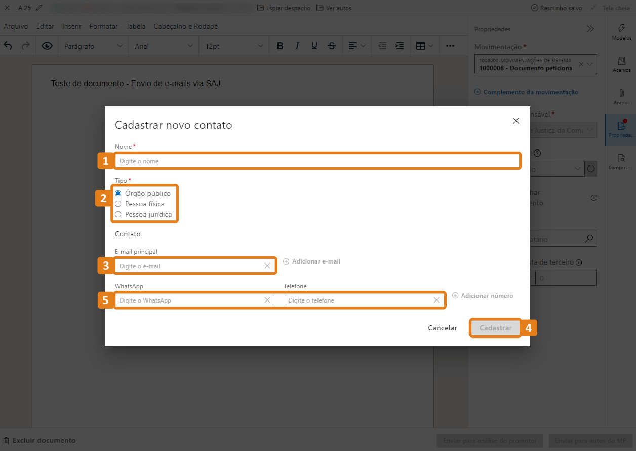 Tela Cadastrar novo contato com destaques em todos os campos de preenchimento e botão Cadastrar