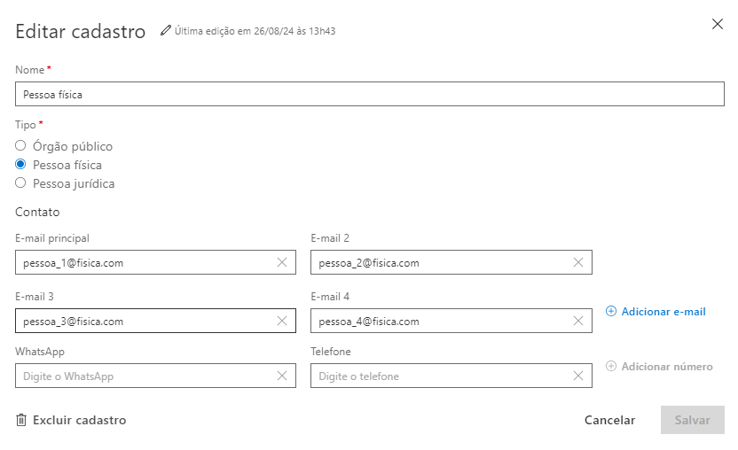 Tela Editar cadastro com múltiplos e-mails cadastrado para um contato