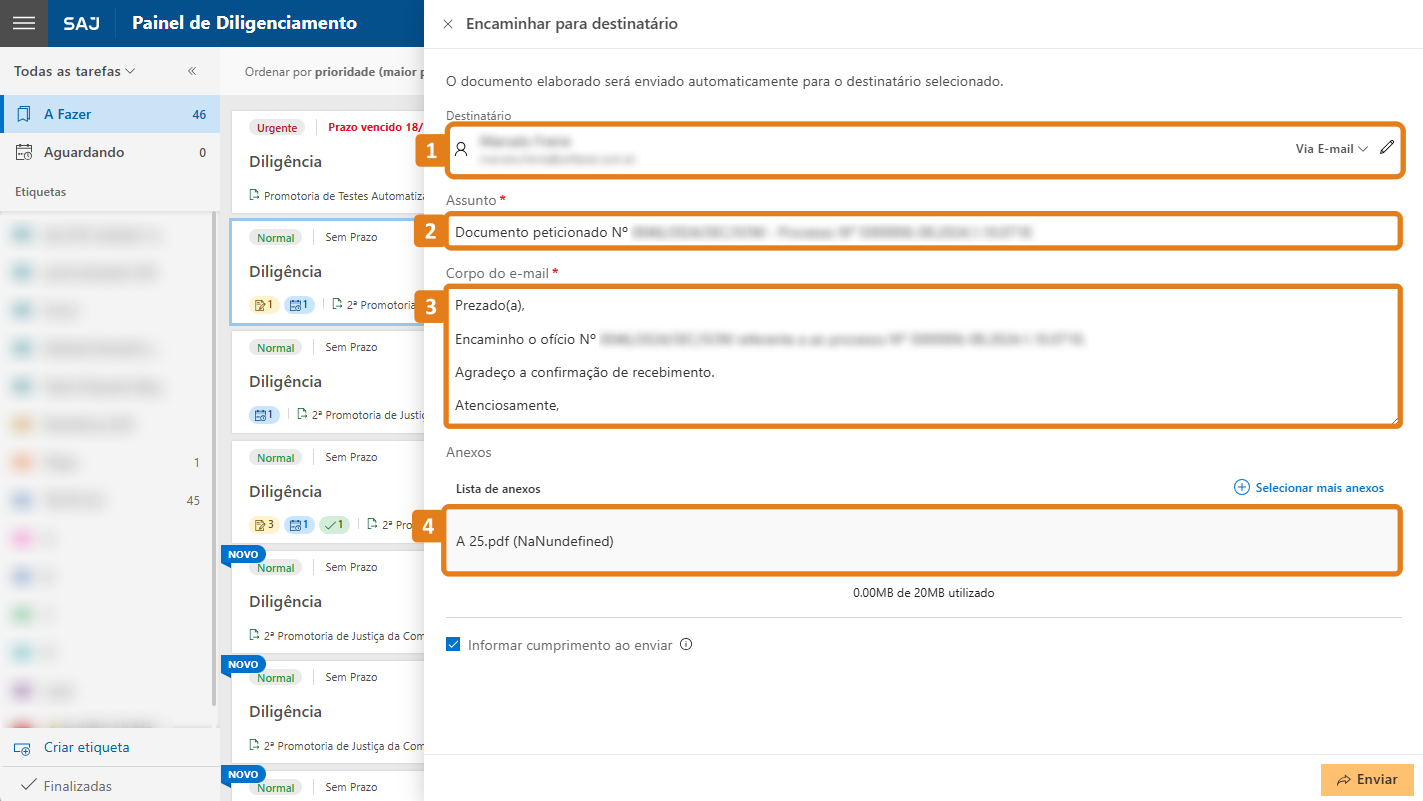 Aba Encaminhar para destinatário com destaque em todos os campos