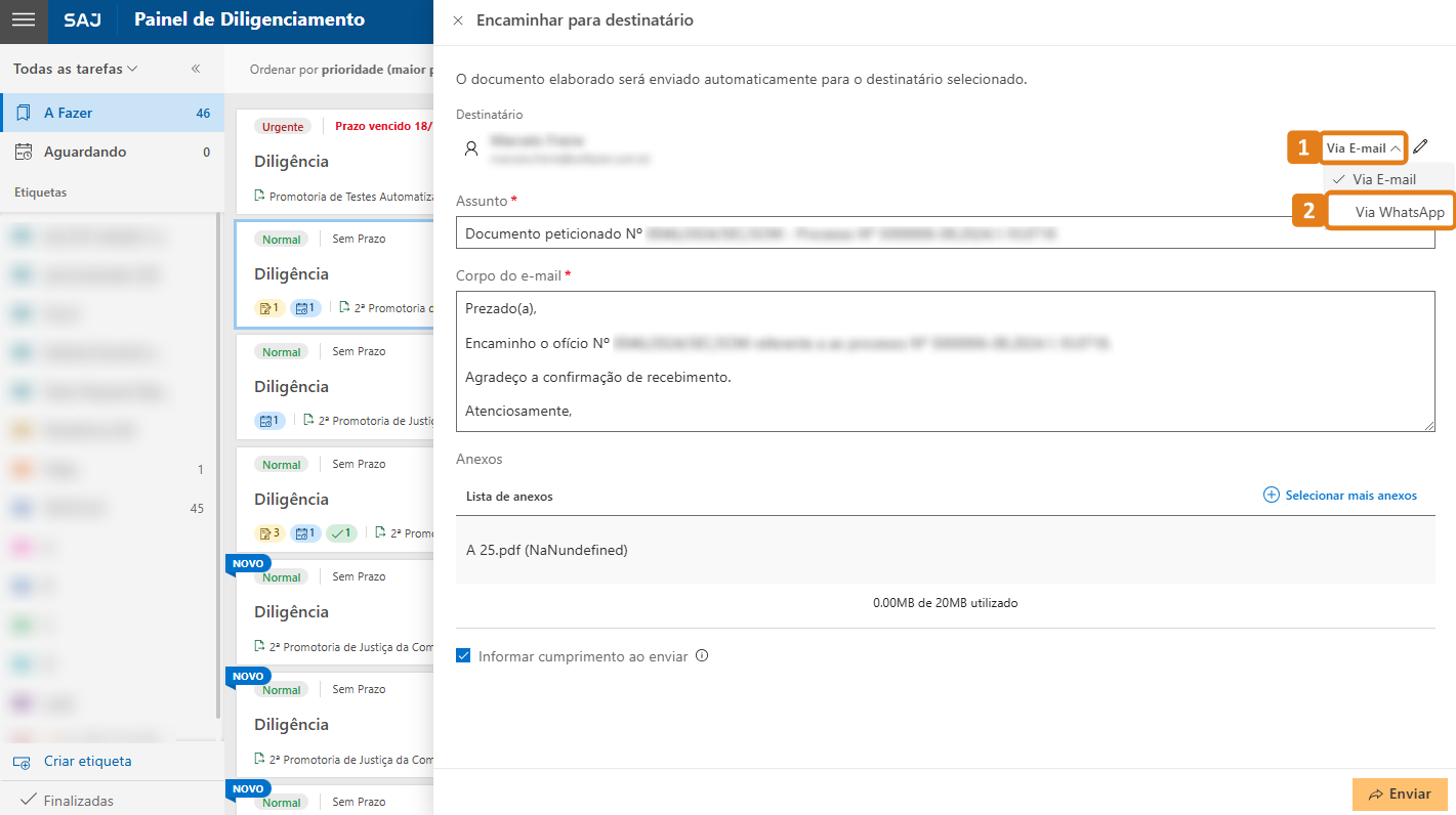 Aba Encaminhar para destinatário com destaques em Via E-mmail e Via WhatsApp