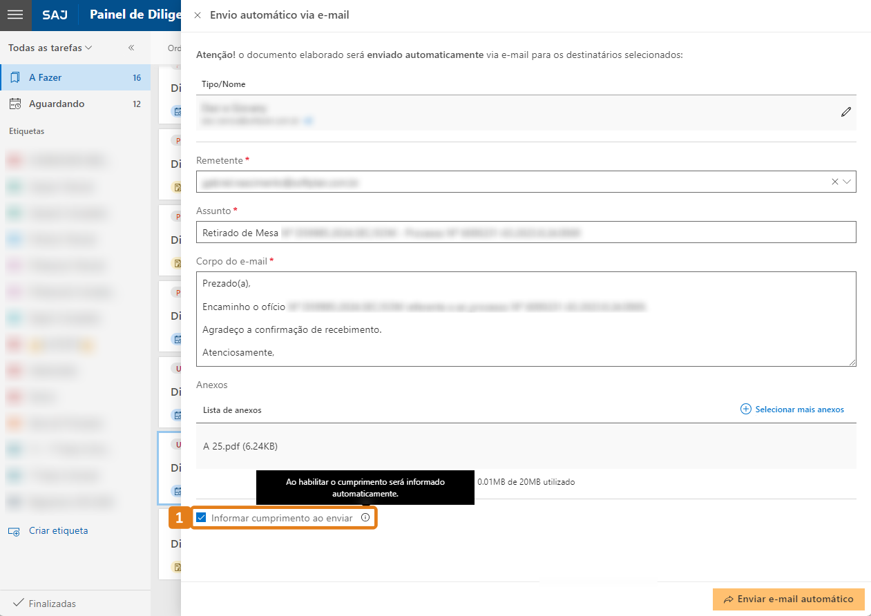 Aba Envio automático via e-mail com dedstaque no campo Informar cumprimento ao enviar