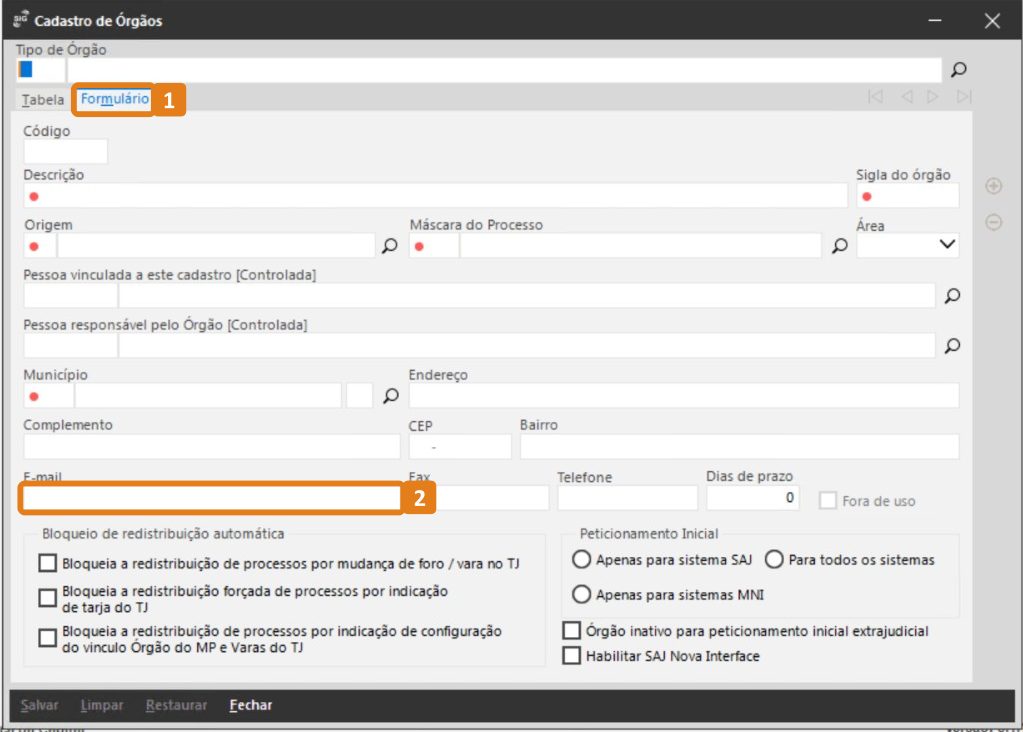 Tela Cadastro de Órgãos com destaque na aba Formulários e campo E-mail