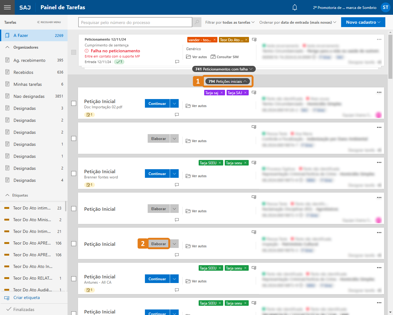 Painel Judicial com destaques no agrupamento Petições iniciais e botão Elaborar de uma tarefa