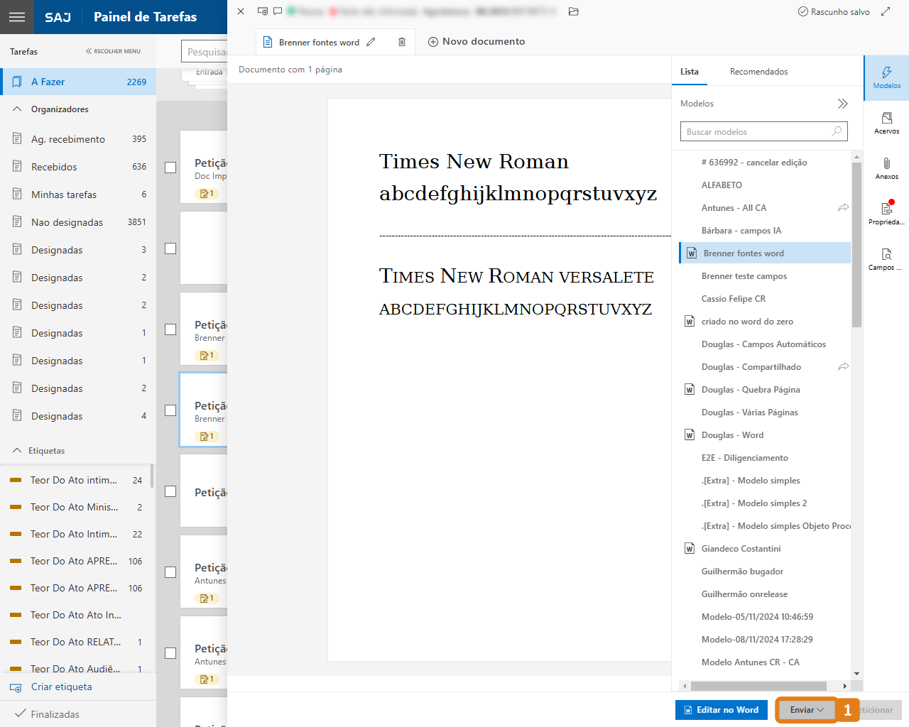 Aba edição de documentos com destaque no botão Enviar