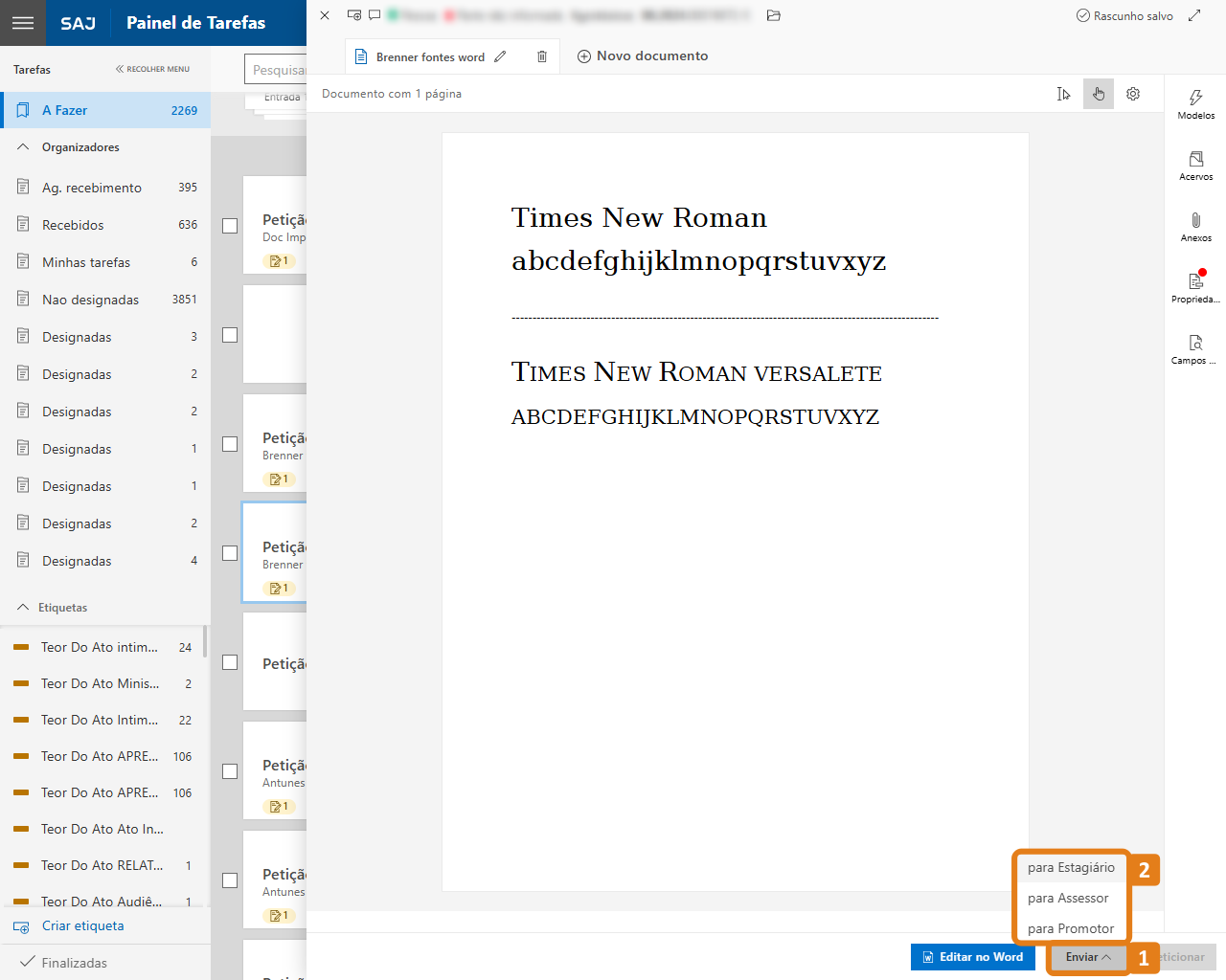 Aba edição de documentos com destaques no botão Enviar e opções de envio Para Estagiário, Para Assessor e Para Promotor