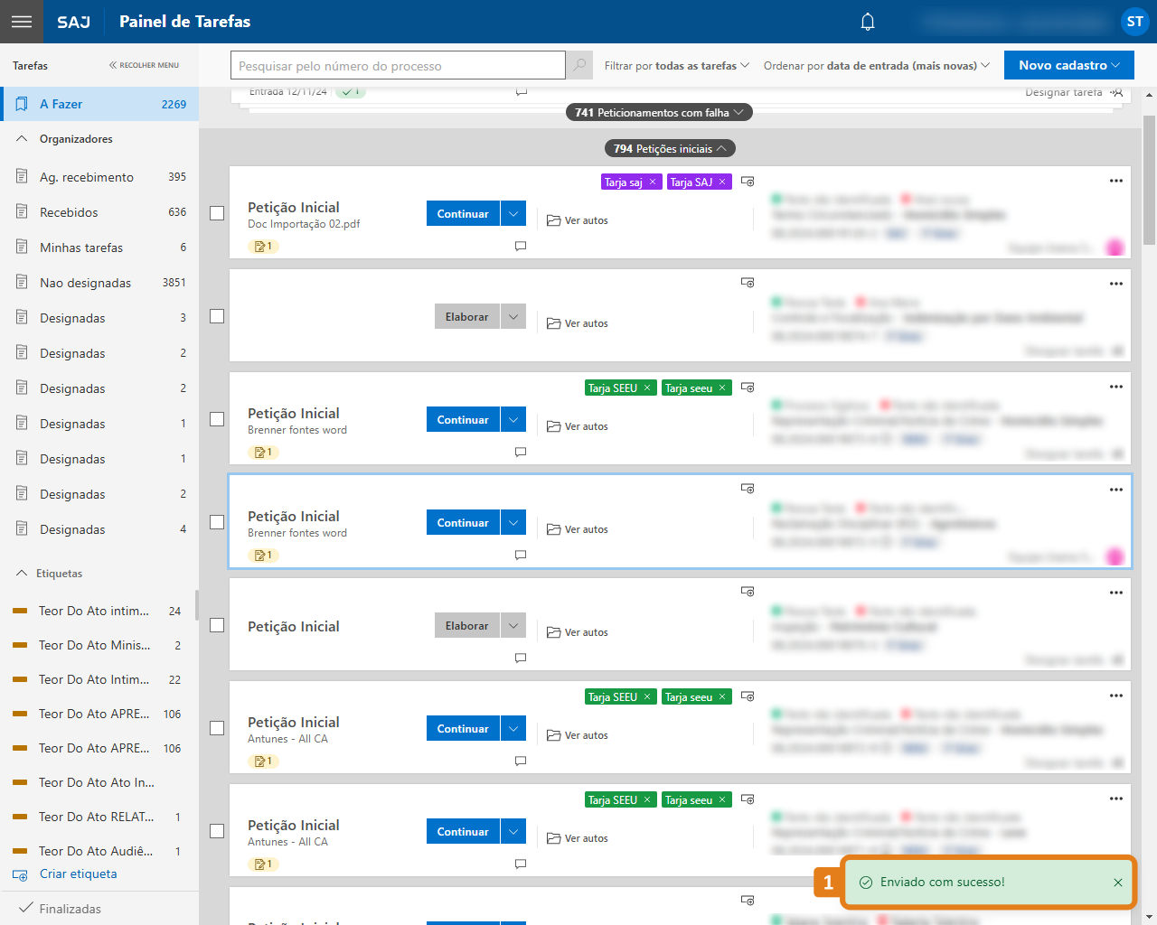 Painel Judicial com destaque na mensagem de confirmação