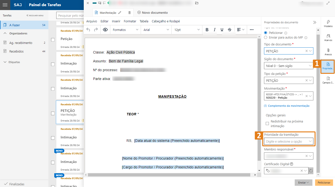 prioridade da tramitação desejada