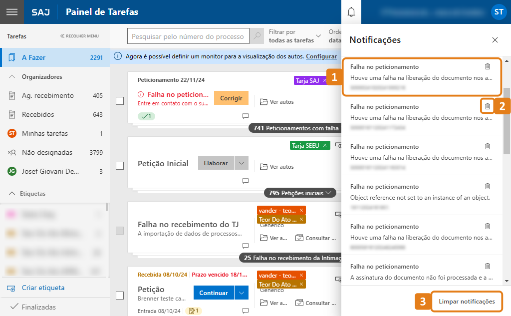 Aba Notificações com destaques em uma otificação, no ícone de Excluir de uma notificação e no botão Limpar notificações
