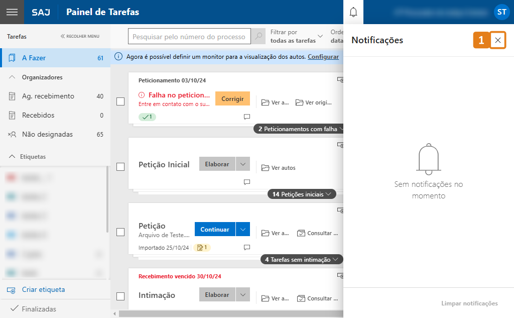 Aba Notificações com destaque no botão de Fechar
