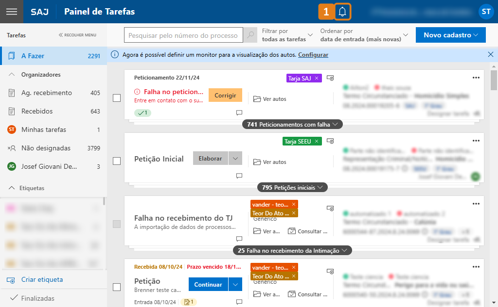 Painel de Tarefas Judicial com destaque no botão de Notificações