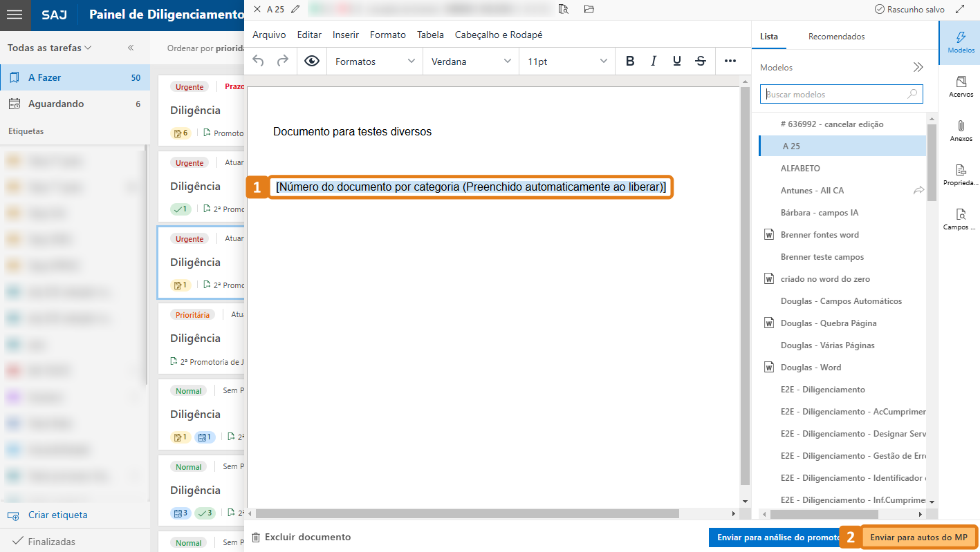 Editor de Textos com destaques no campo automático e botão Enviar para autos do MP
