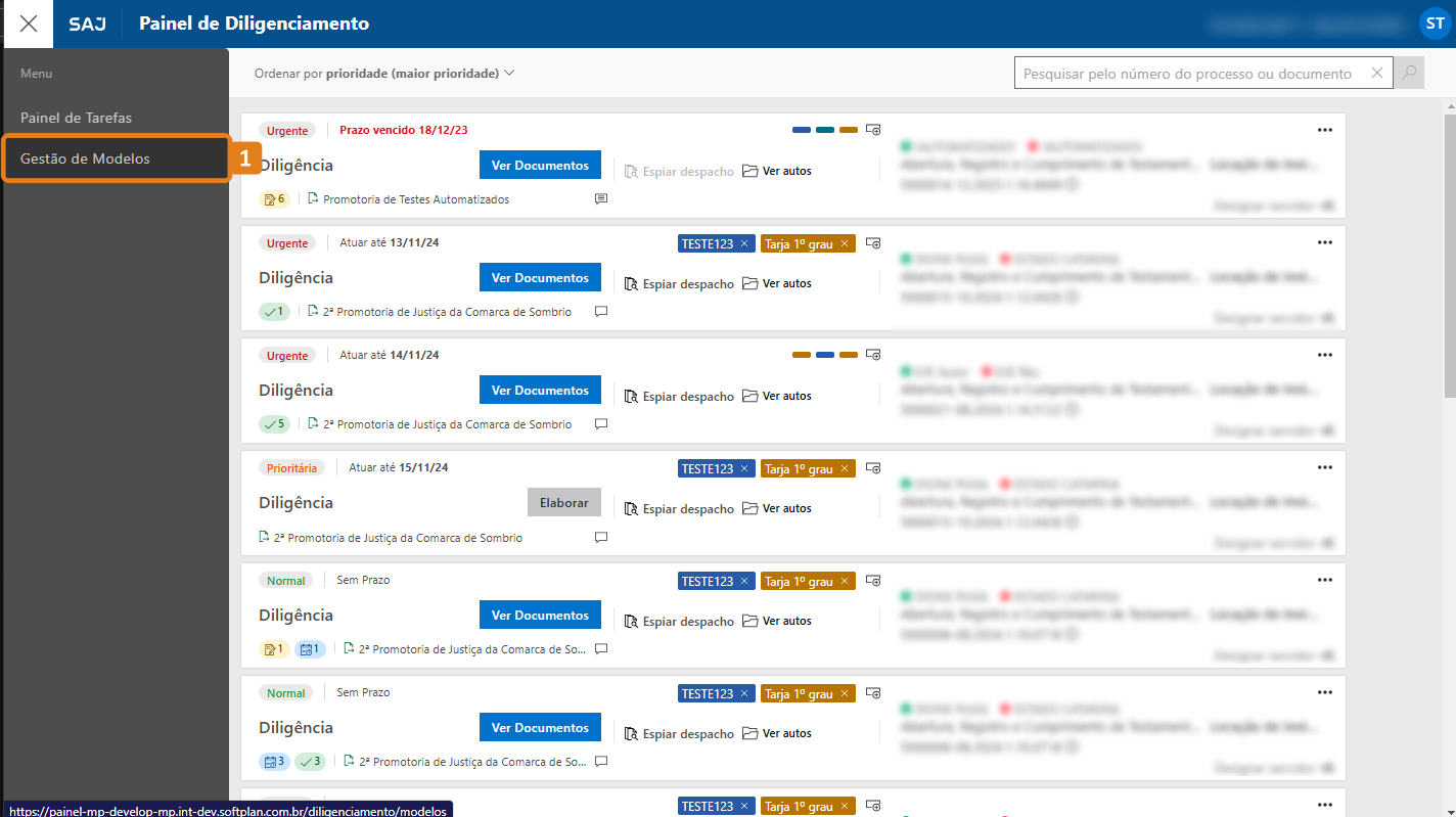 Painel de Diligenciamento com o menu aberto e destaque na opção Gestão de Modelos
