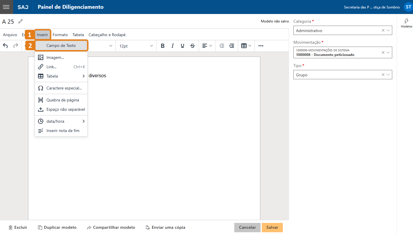 Editor de texto com destaque no menu Inserir submenu Campo de Texto