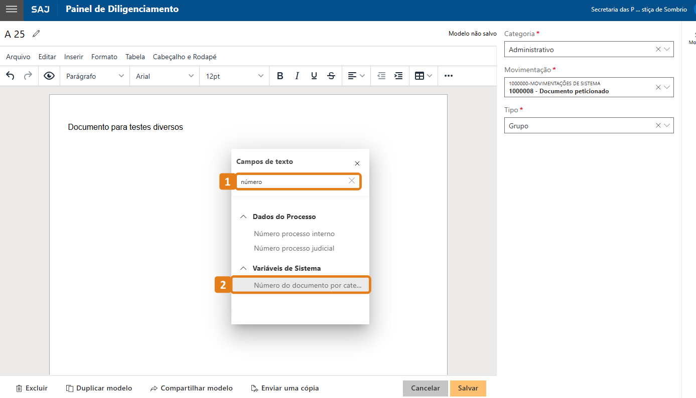 Tela Campos de texto com destaques no campo de pesquisa preenchido com a palavra número e opção Número do documento por categoria