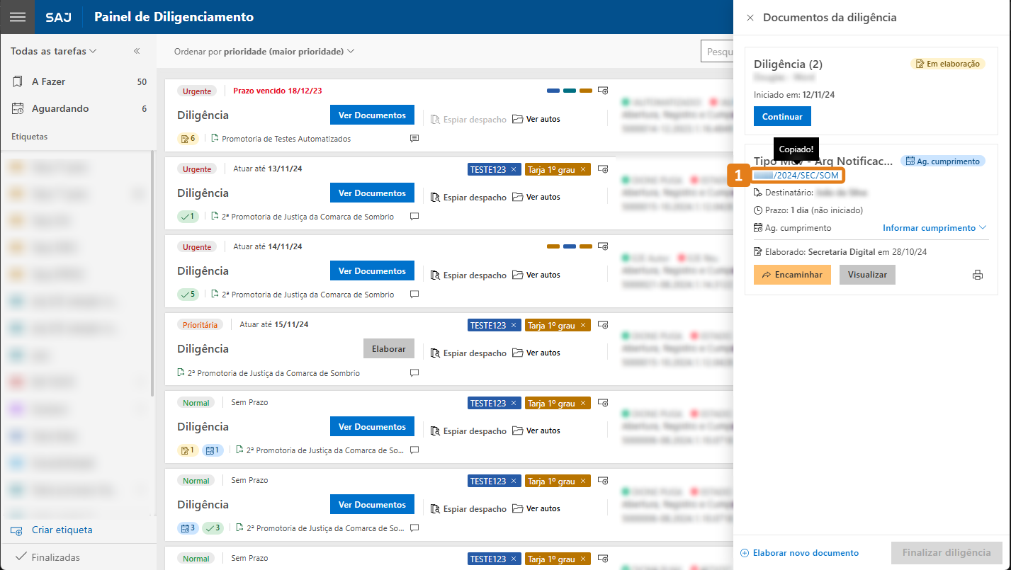 Aba Documentos da diligência com destaque no identificador do documento