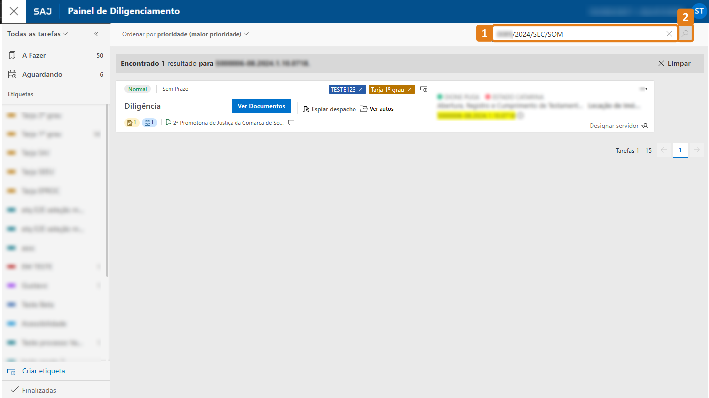 Painel de Diligenciamento com destaques no campo de pesquisa preenchido com o identificados do documento e botão de pesquisar