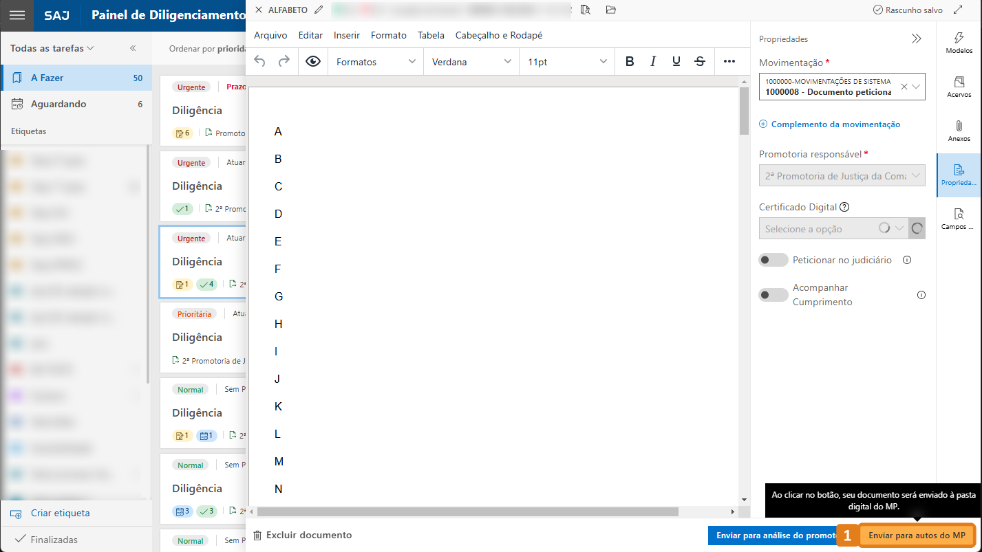 Editor de Textos com destaque no botão Enviar para autos do MP